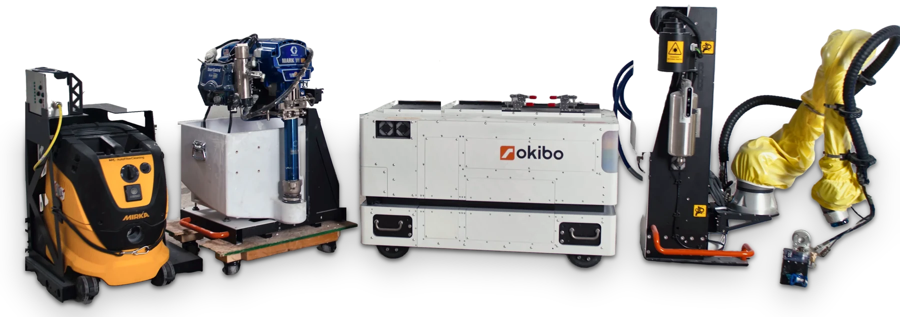 The Okibo EG7 base with the modules it swaps between trades: dust extractor, airless pump and hopper, mast and arm, and a toolhead